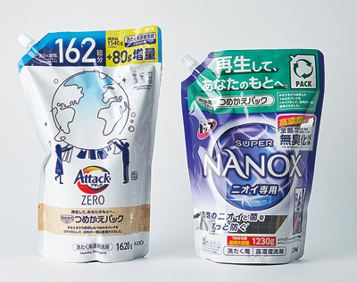 花王×ライオン、再生材料を一部に使用したつめかえパックを初めて製品化